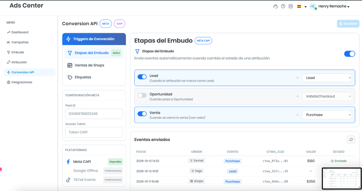 Configuración de la API de Conversiones de Meta en Mercately: eventos por etapa del embudo y eventos enviados